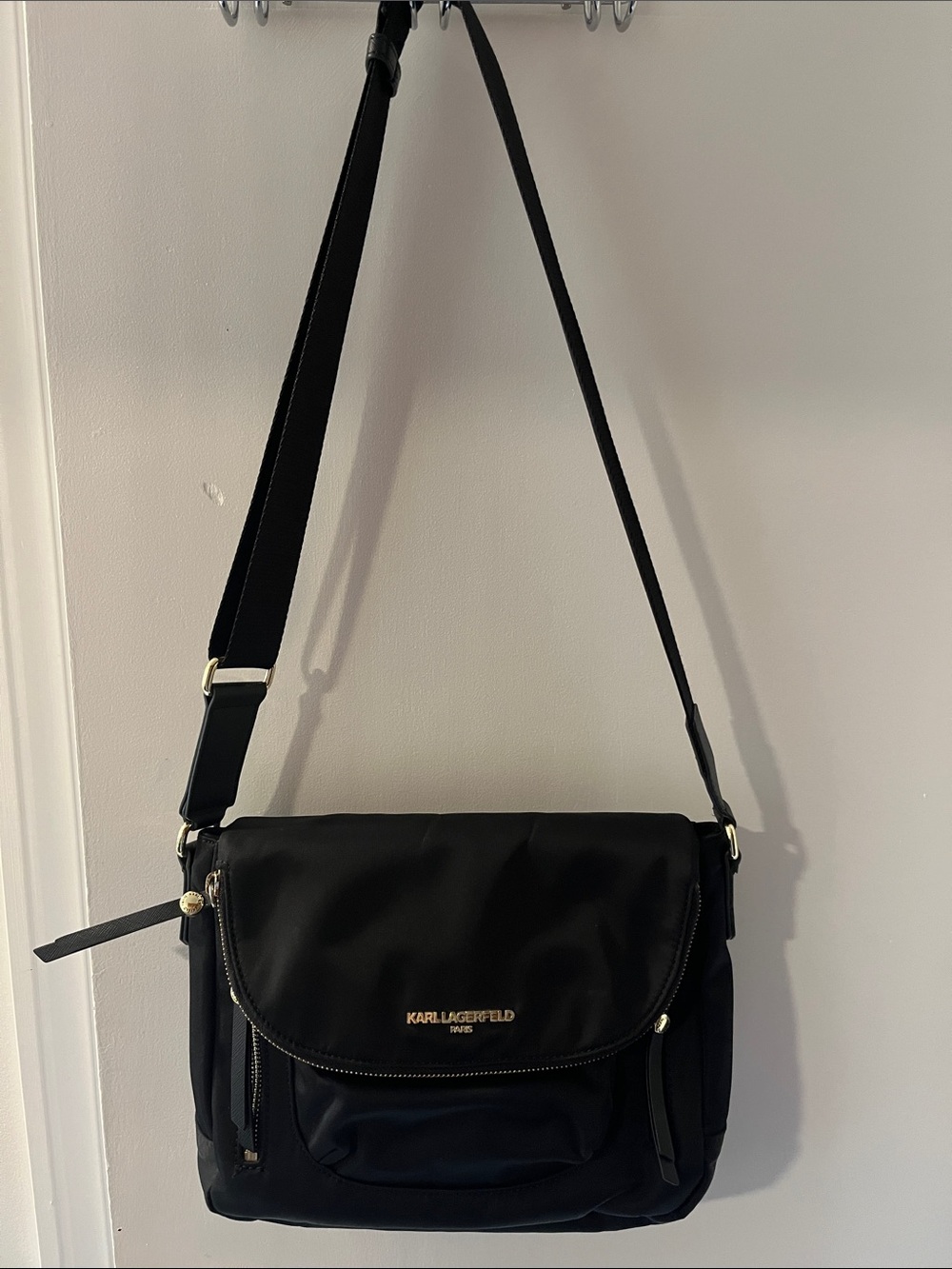 Karl Lagerfeld Black Nylon Crossbody Messenger with Gold Logo